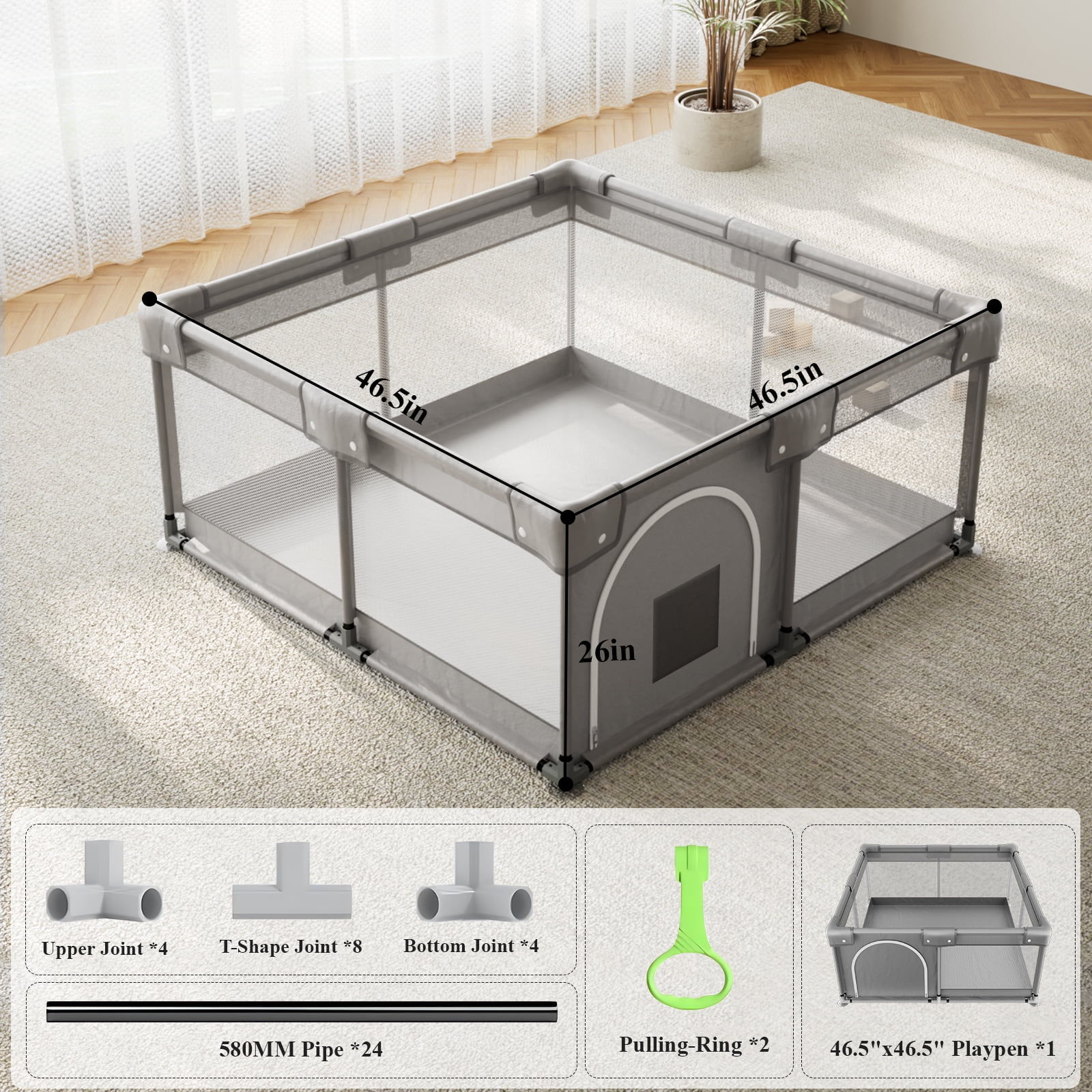 NimbleRest 46.5"x46.5" Large Baby Playpen Toddler Play Yards Safety Fence, Gray