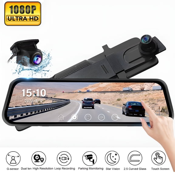 GJX Rear View Mirror Camera, Dash Cam Front and Rear Full Touch Screen FHD 1080p for Car, Waterproof Backup WDR Camera, Night Vision, G-Sensor, Parking Monitor