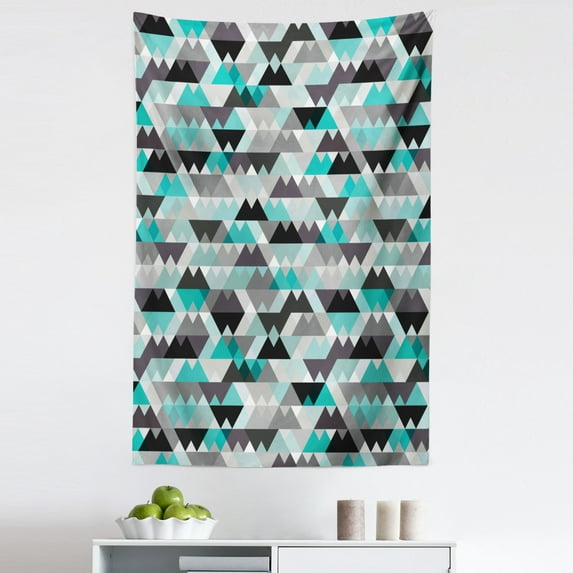 Geometric Tapestry, Futuristic Geometric Mosaic Design with Triangles and Zig Zags, Fabric Wall Hanging Decor for Bedroom Living Room Dorm, 5 Sizes, Turquoise Grey Black, by Ambesonne