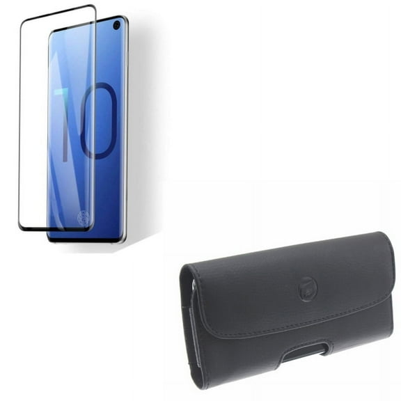Tempered Glass Screen Protector w Leather Case Belt Clip for Samsung Galaxy S10 - [Fingerprint Works] 3D Curved Edge Full Cover, Holster Cover Pouch L6A