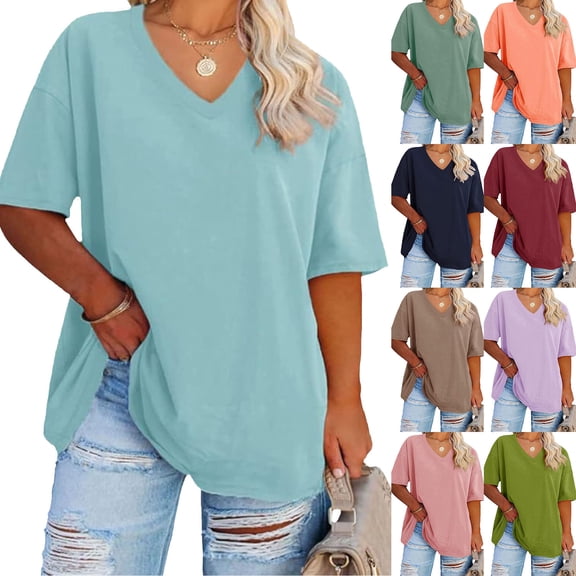idosla Womens Oversized Shirts V Neck Plus Size Spring Workout Summer Tops Beach Vacation 2026 Gym Clothes Basic Tee (Light Pink, M)