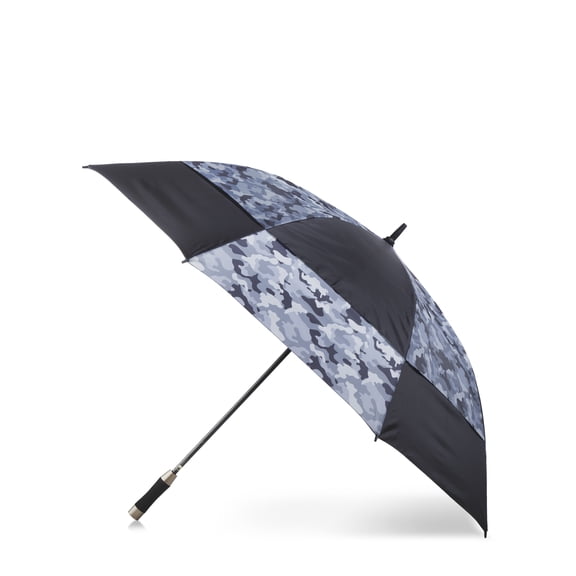 Totes Recycled Canopy Vented One-Touch Auto Open Golf Rain Umbrella with Sunguard Camo Gray Black