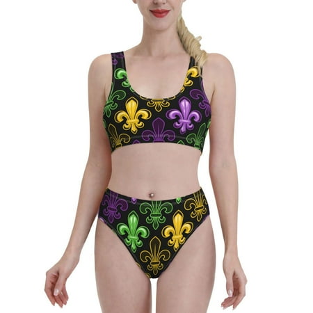 Bixox Mardi Gras1 Pattern Two-Piece Sports Bikini with U-Shaped Top and High-Waist Bottom - Women s Swimwear with Removable Bra Pads