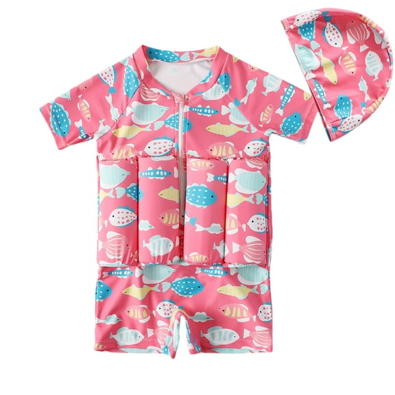 Child Girl Boy Short Sleeve One Piece Floation Swimsuit Cap Buoyancy Swimwear,2-6T