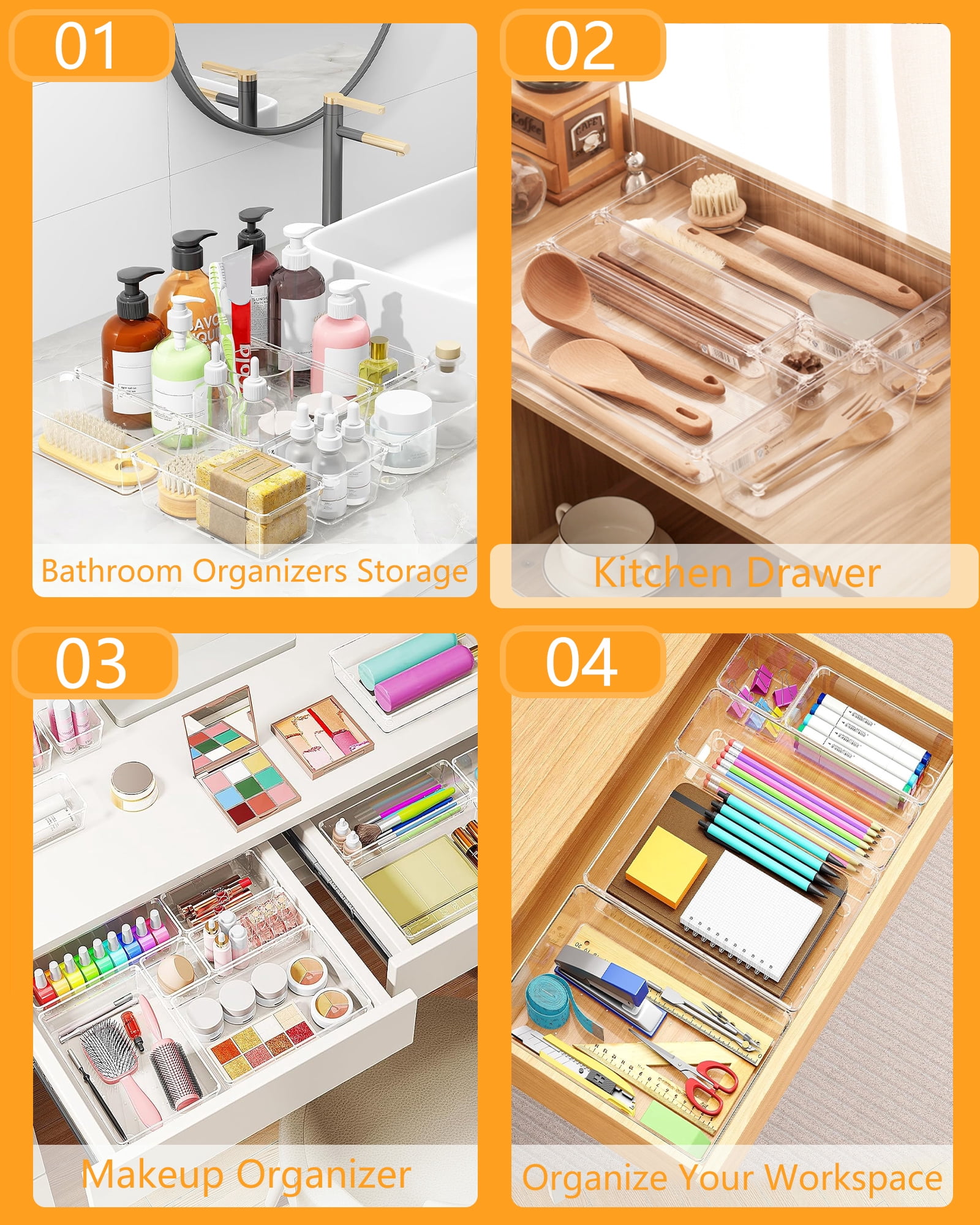 Asnews 25 Pcs Clear Plastic Drawer Organizer Set, 4 Sizes Desk Drawer Divider Organizers and Storage Bins for Makeup, Jewelry, Bedroom, Bathroom, Office