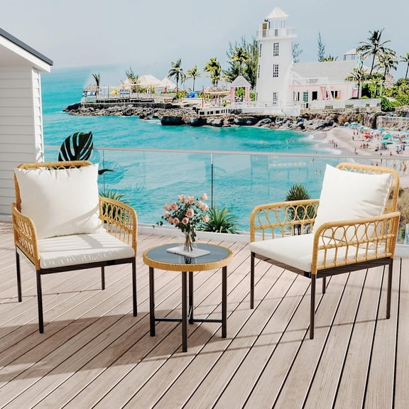 Emorefun 3 Piece Patio Bistro Sets, Outdoor Rattan Furniture with Detachable Cushions for Backyard, Garden, Poolside, Deck, Beige & Black