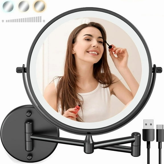 Miserwe Wall-mounted LED makeup mirror with light, featuring three lighting modes: folding, extended arm and telescopic arm. 10X magnifying glass, suitable for bathrooms and bedrooms