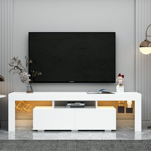 TV Stand for 55 Inch TV, 63" TV Stands with LED RGB Lights, Flat TV Cabinet with 2 Drawer and Shelves, Wood Television Stands for Lounge Room, Living Room, White