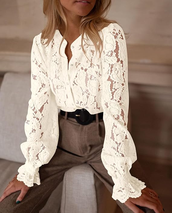 PRETTYGARDEN Women's Lace Blouse, Long Sleeve, Beige photo 8