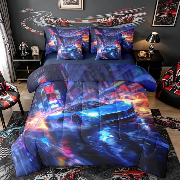 Castle Fairy Cyberpunk Blue Car Twin Bedding Sets 7-Piece for Men, Neon City Bedding Comforter Set for Bedroom, Blue and Orange,Navy Blue Reversible
