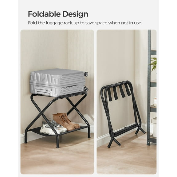 LEDREM Luggage Racks Set of 2, Foldable Steel Frame with Storage Shelf & Hook-and-Loop Fastener, for Suitcases up to 110 lb, Black
