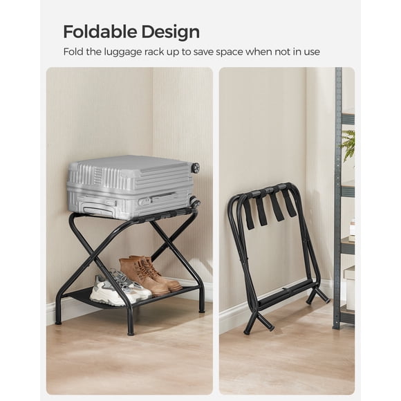 LEDREM Ensemble de 2 Supports à Bagages, Cadre en Acier Pliable avec Tablette de Rangement et Fermeture à Crochets et Boucles, pour Valises jusqu'à 110 lb, Noir