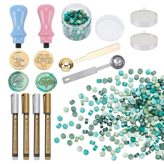 Sealing Wax Stamp Kit 2PCS Wax Seal Stamps and 300PCS Mixed Color Sealing Wax Beads with 2PCS Melting Spoon and Candles(Mushroom and Heart)