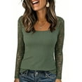 thumbnail image 2 of Ltctricy Women's T Shirts Lace Long Sleeve Square Neck Ribbed Knit Slim Tee Tops Dressy Casual Blouses Going out Tops(Green,X-Large), 2 of 7