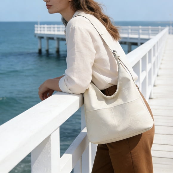 Leather Tote Bag For Women Large Capacity Shoulder Bag Casual Work Purse Handbag Office Travel White