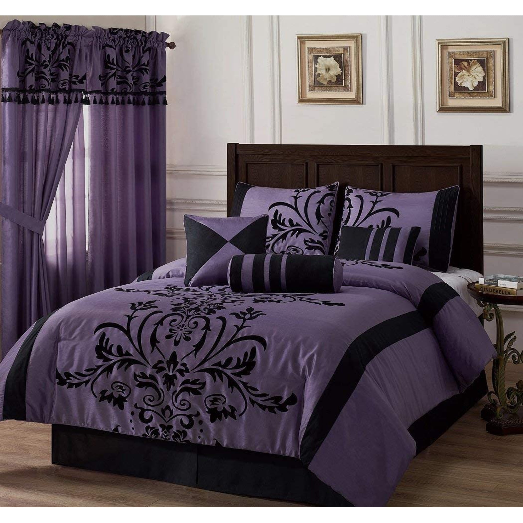 Chezmoi Collection Contemporary 7-Piece Luxury Flocked Floral Fabric Comforter Set King Violet