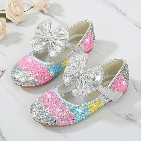 

haxmnou girls kids princess shoes sequin rhinestone bow sandals dancing shoes child pearl bling shoes single kids shoes silver