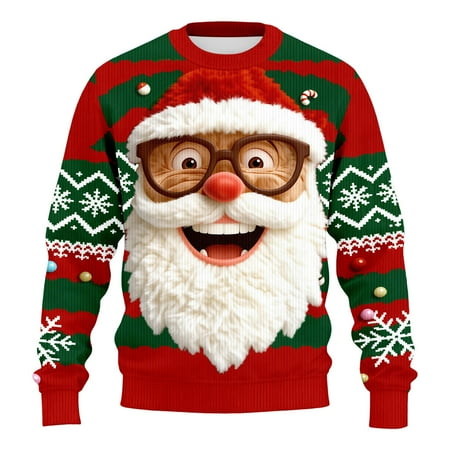 Ugly Christmas Sweater Women Men Funny Santa Claus Knitted Christmas Sweatshirts for Couples 3D Graphic Xmas Pullover,Red,L