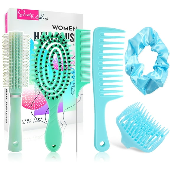 DUAIU Hair Brush Set, Wide Tooth Comb, Hollow & Roller Brush, Silicone Comb, Tail Comb & Hair Band - Detangling & Styling Kit (Blue)
