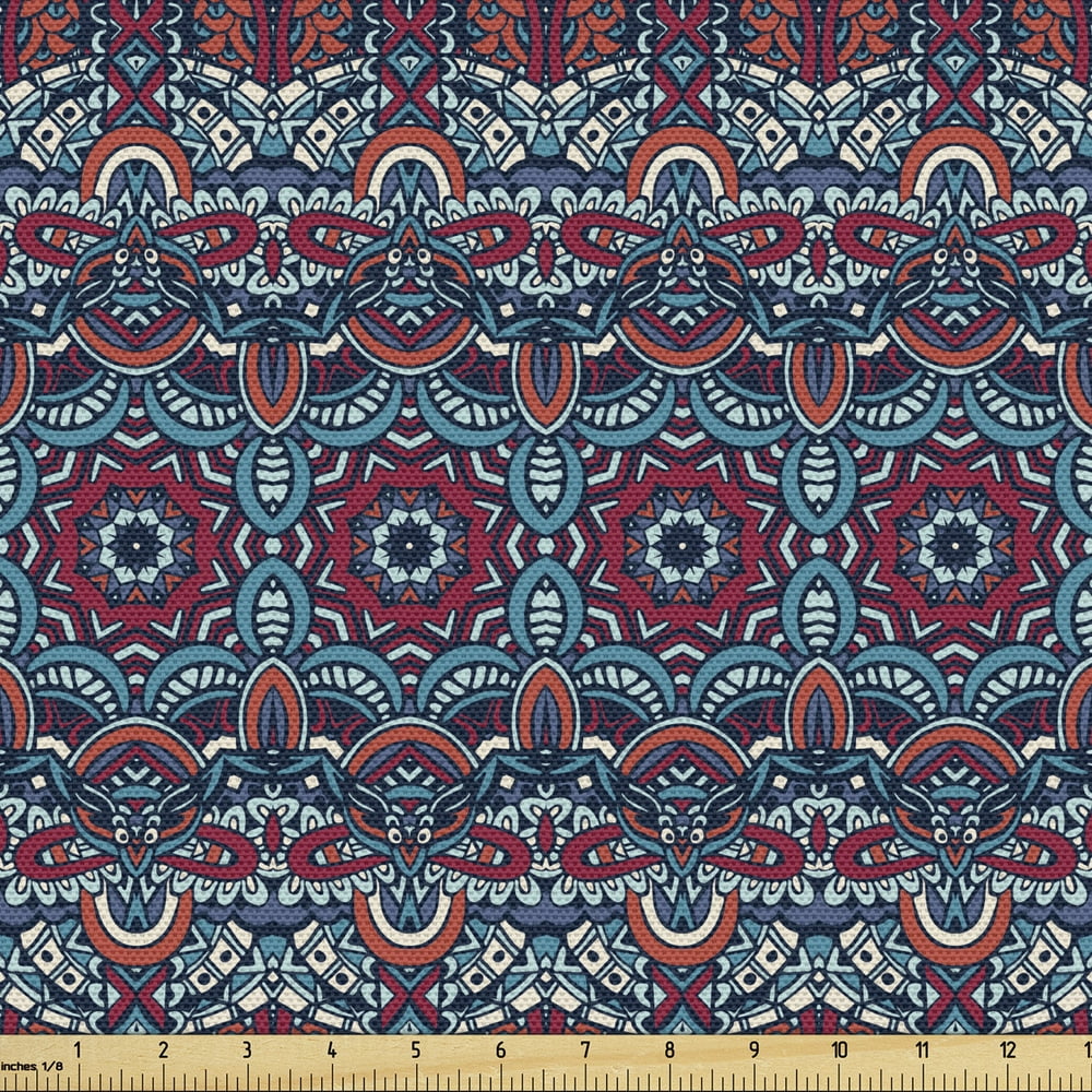 Ethnic Fabric By The Yard Upholstery Colorful Composition With