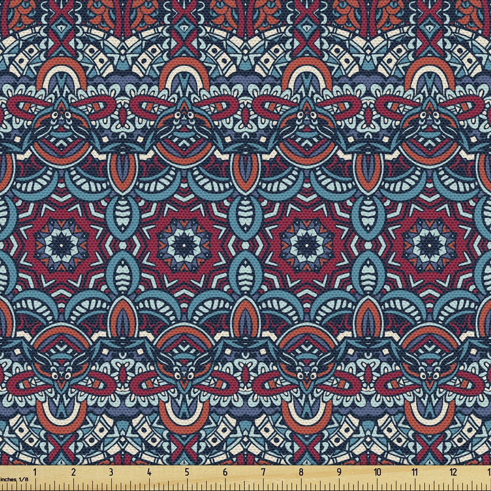 Ethnic Fabric by the Yard Upholstery, Colorful Composition with