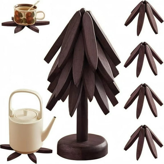Wooden Trivets for Hot Dishes-Tree Shape Trivet Set, 4 Walnut Wood   1 Stand stored Like a Christmas Tree,Foldable Kitchen Wooden Trivet,for Hot Dishes Pot Bowl Teapot Hot Pot Holder