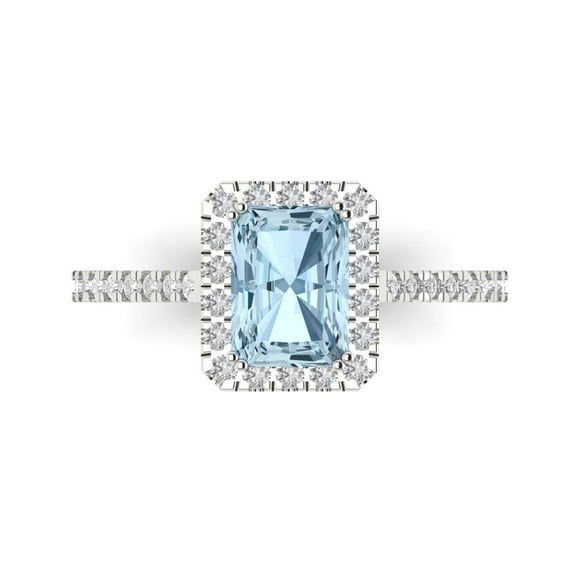 1.86 ctw with Simulated Diamond Halo Accents Anniversary Ring for Women | Emerald Cut Natural Aquamarine | Hyperallergenic Solid 14K White Gold