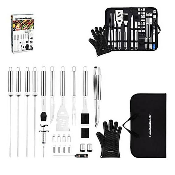 Hamilton Beach BBQ Grill Tool Set - 24pcs Stainless Steel Grilling Accessories - Meat Thermometer & Injector - Tong, Fork, Spatula, Complete BBQ Set with Portable Bag - Camping Utensil Gifts for Men