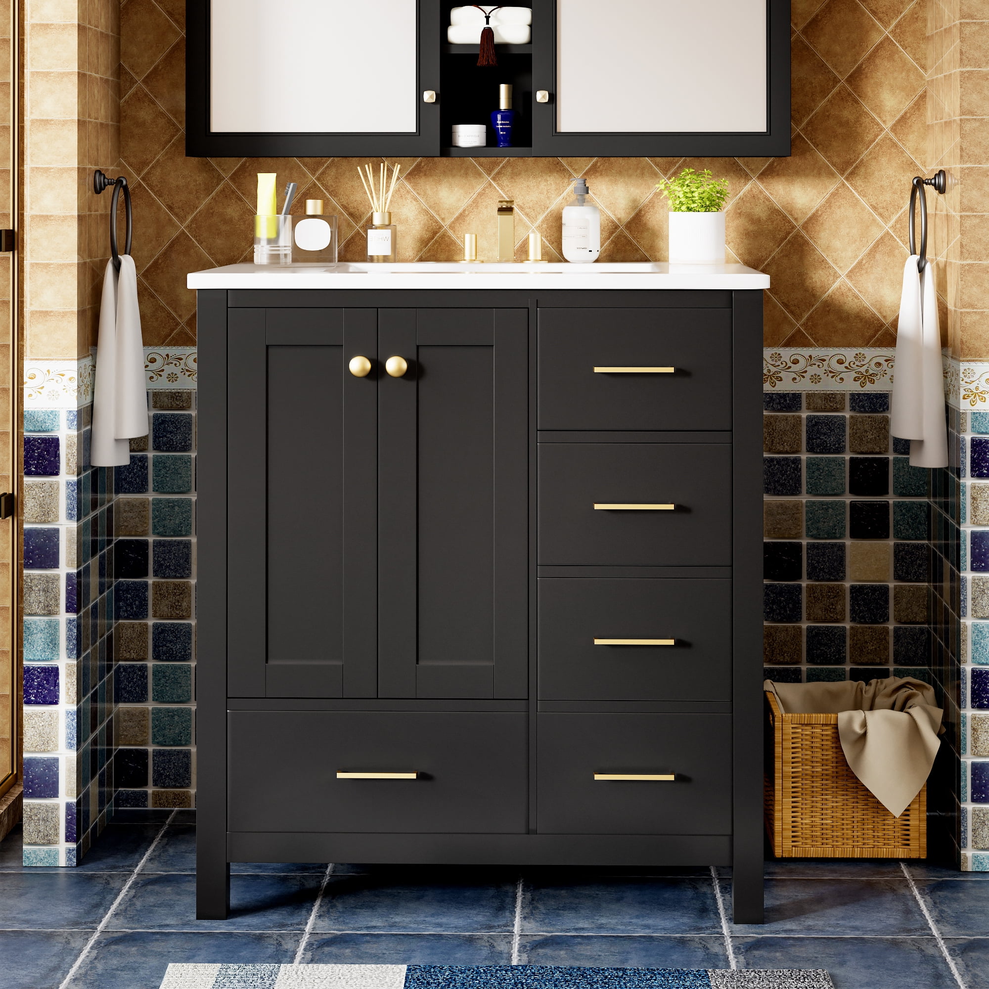Euroco 30'' Bathroom Vanity with Ceramic Sink Combo, Solid Wood Frame Bathroom Storage Cabinet, Freestanding Vanity Set with 4 Drawers& Soft Closing Doors, Black