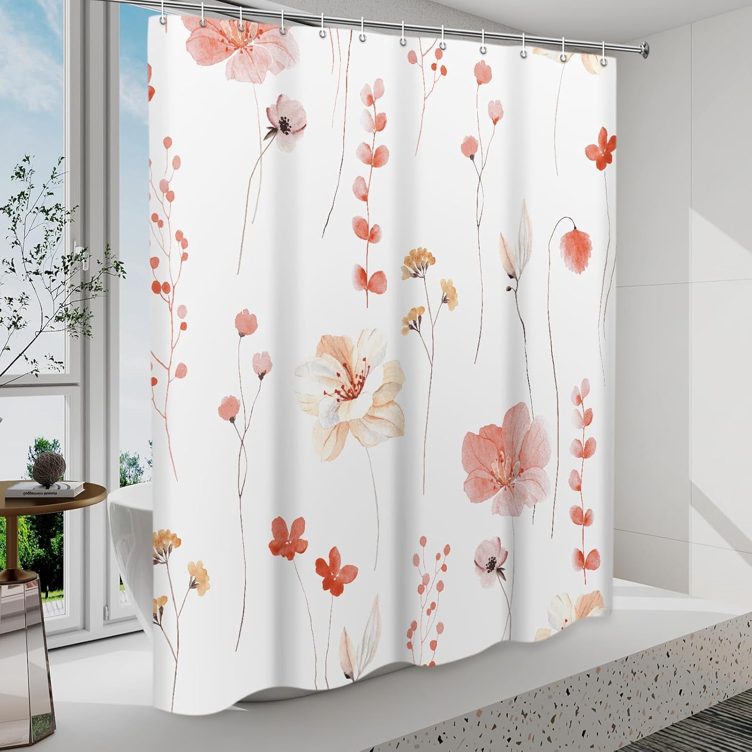 Shower Curtain Watercolor Flower Shower Curtain Sets - Spring Coral Floral plant Shower Curtains for Bathroom Washable，Fabric Modern Polyester with Hooks，72 x 72