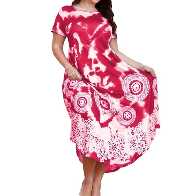 Ruimatai Robe Décontractée Grande Taille pour Femmes Manches Courtes Col Rond Été Fluide Confortable Élégante Imprimée Plage Fête T-Shirt Robe