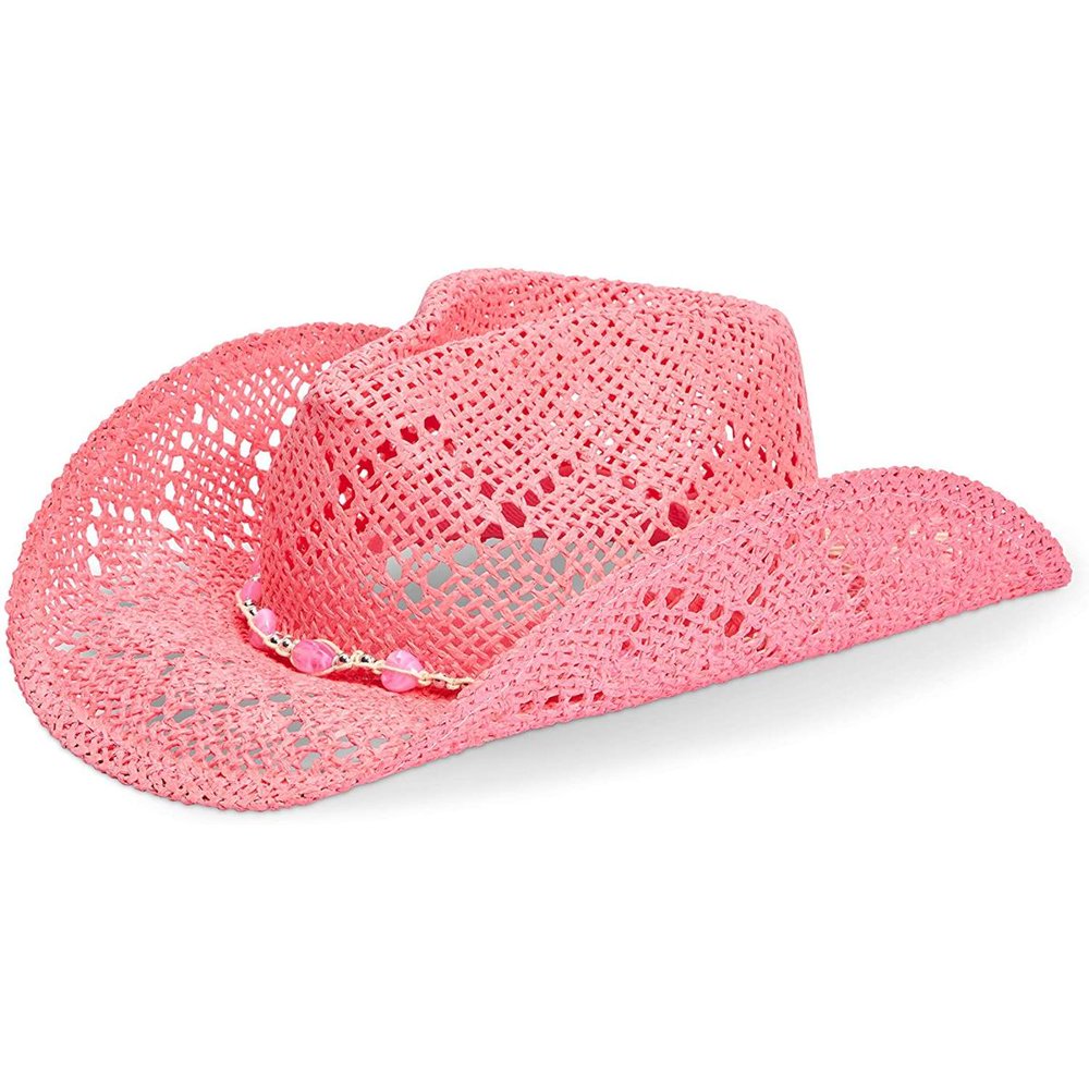 Pink Straw Cowgirl Hat for Women with Braided Heart Chain, Beach Cowboy