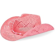 Pink Straw Cowgirl Hat for Women with Braided Heart Chain, Beach Cowboy Head Accessories