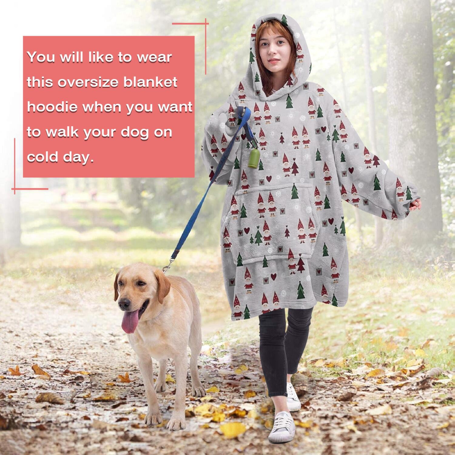 Wearable Oversized Blanket,Gray Christmas Gnome and Tree Pattern Wearable Blanket Hoodie for Adults,Cozy Hooded Blankets with Super Pockets,Super Warm Fuzzy Pullover for Women & Men