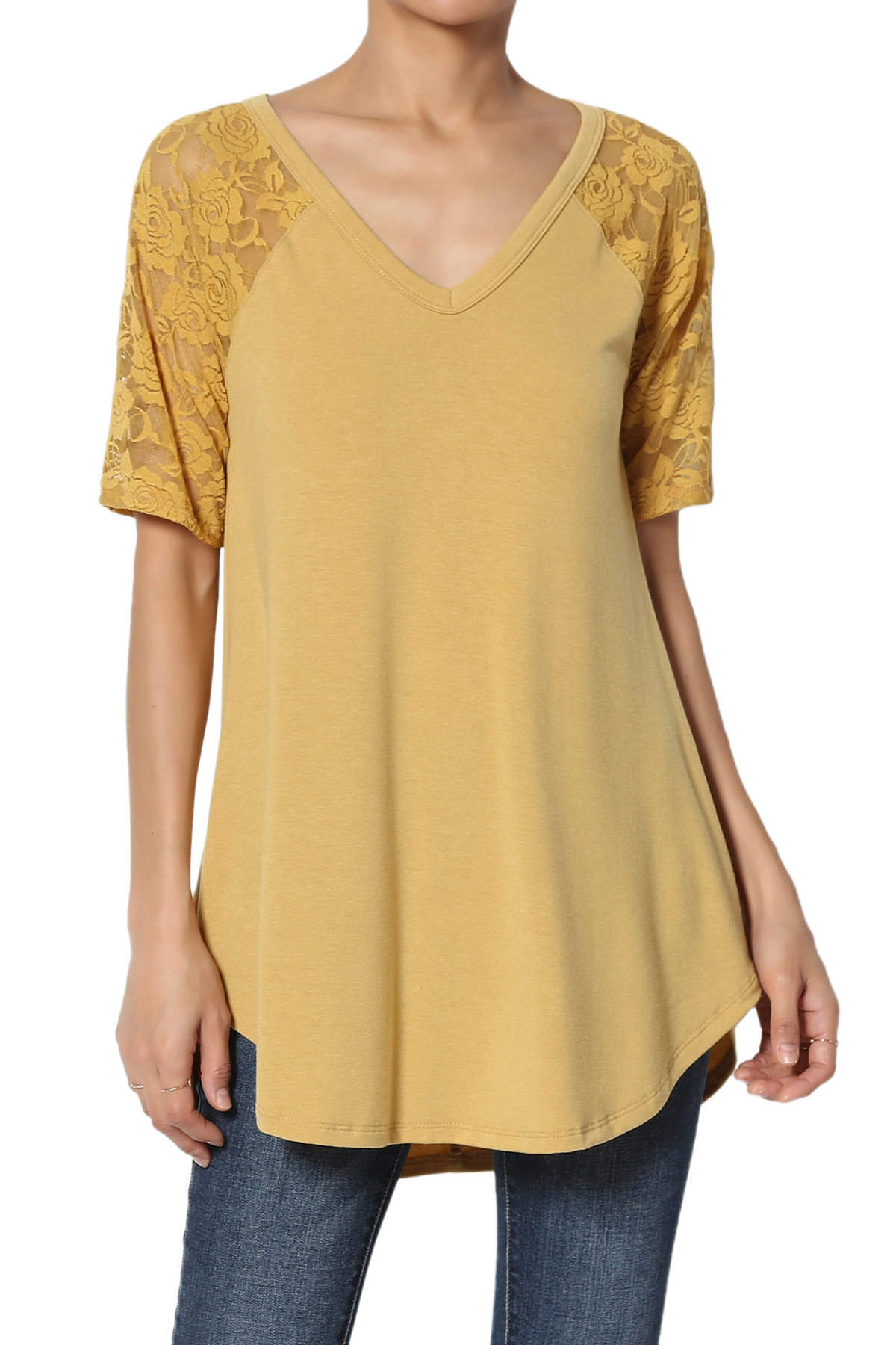 TheMogan Women's PLUS LaceSleeve Jersey Top VNeck Extended Curved Hem