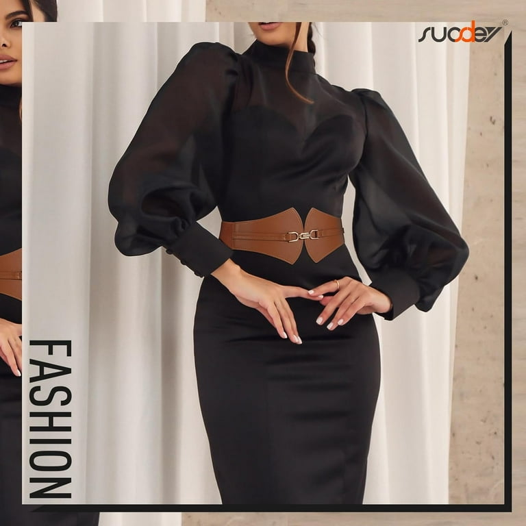 Waist Belt For Black Dress Women's Elastic Wide Waist Belt For Dress Retro  Stretchy Leather Cinch Belt With Gold Buckle