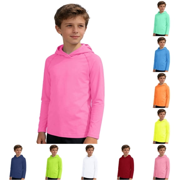 CUZIBR Kids Solid Raglan Long Sleeve Hooded T Shirt Plain Lightweight Pullover Hoodie Soft Breathable Outdoor Sports Top For Boys Girls Back Top School Summer Fall Dailywear,Pink,7-8 Years