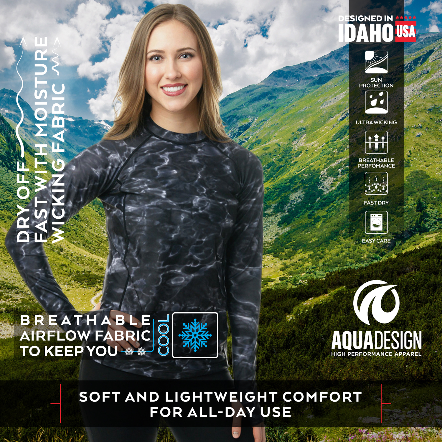 Aqua Design Women Long Sleeve Sun Protection Rash Guard Swim Surf Snorkel Shirt with Thumb Holes: Black Water size XS - image 2 of 6