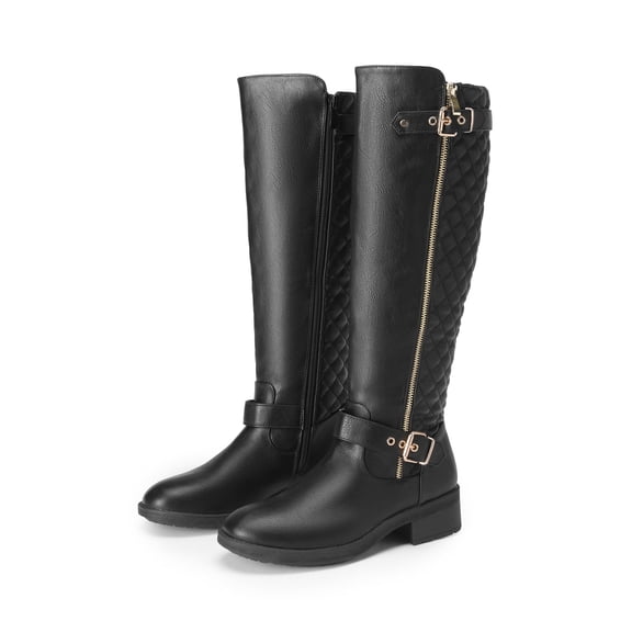 BURUDANI Women Wide Calf Low Heel Knee High Ladies Side Zip Motorcycle Riding Boots Shoes Black Size 7.5