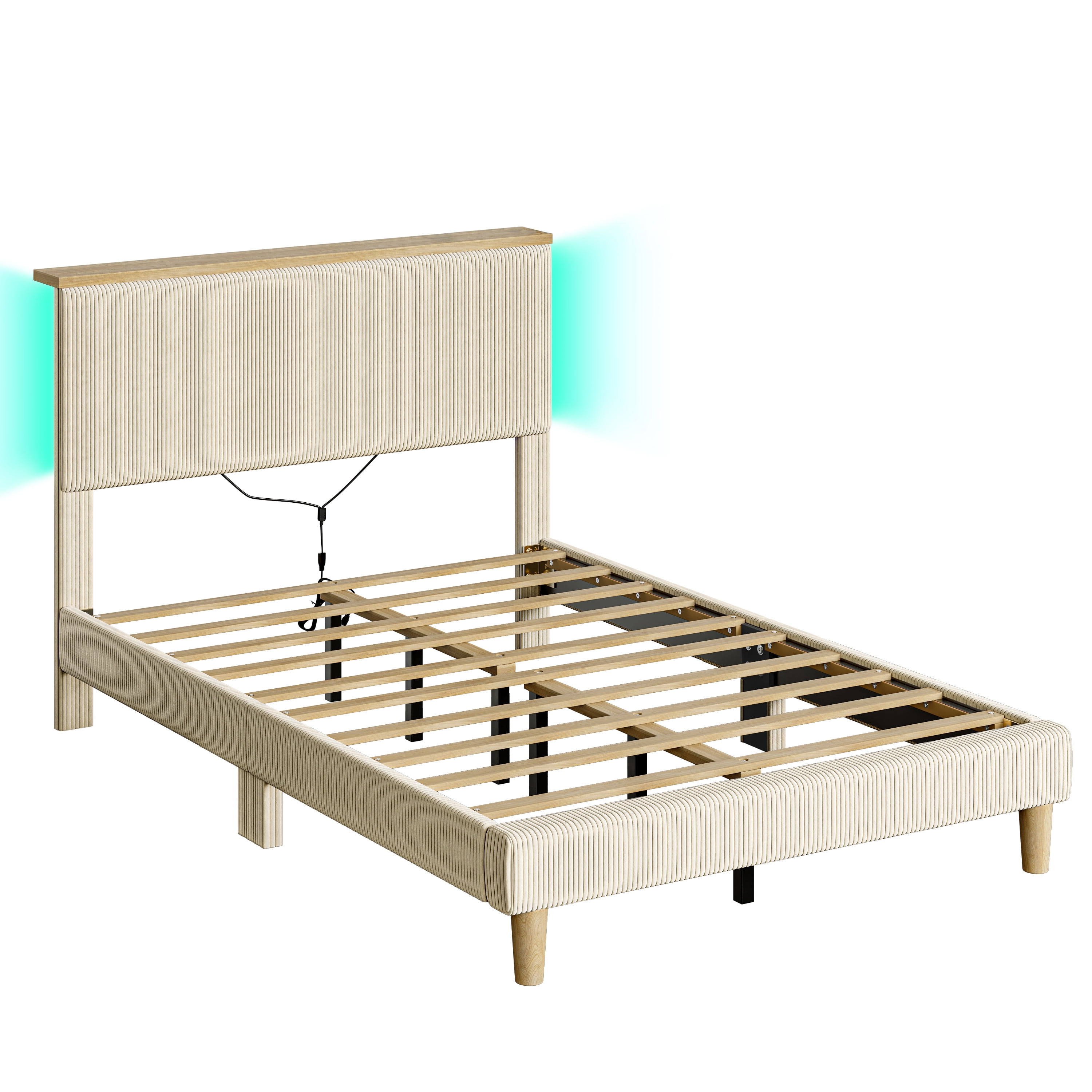 Bestier Full Platform Bed with Adjustable Storage Headboard Shelf, LED Corduroy Upholstered Bed Frame, Beige