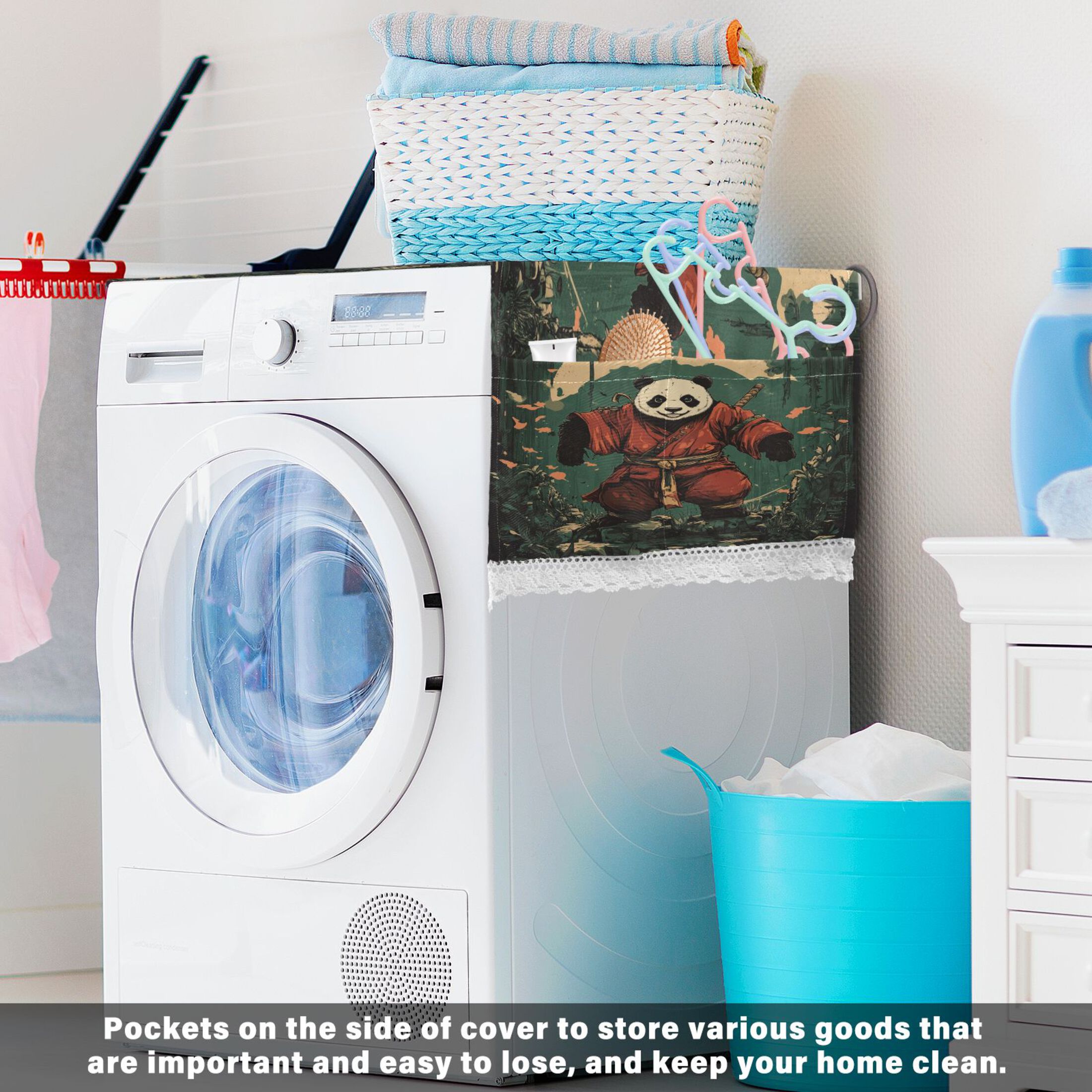 WOBOGO Samurai Panda Pattern Washing Machine Cloth Dryer Refrigerator Top Cover Protective Non-Slip Mat For Kitchen Laundry