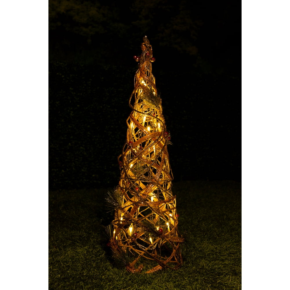 Alpine Rattan &amp; Berries Christmas Cone Tree w/ 20 LED Lights and Timer