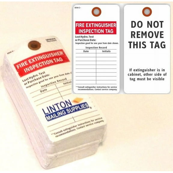 FIRE EXTINGUISHER INSPECTION TAG / DO NOT REMOVE (2-Sided), 3" x 5.75", Red and Black Print on White 13 Pt. Cardstock w Reinforced Hole - Pack of 100 Tags