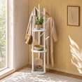 thumbnail image 3 of YUCHANG Freestanding Rotary Coat Rack with 3 Shelves and 9 Hooks for Coats, Scarves, Handbags, Coat Tree for Bedroom, Entryway, Livingroom (White), 3 of 13