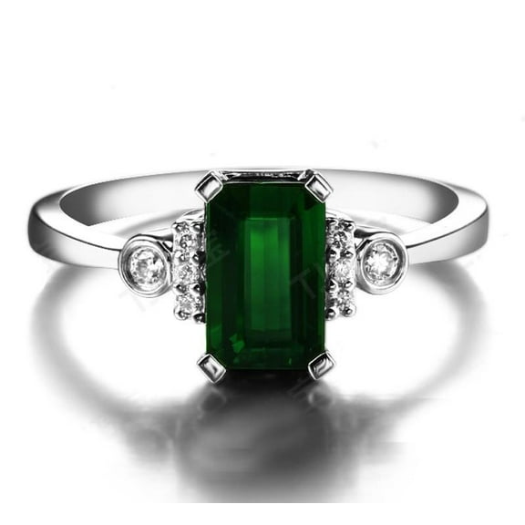 Beautiful 1.25 Carat Green Emerald 7x5mm Emerald Cut And Moissanite Diamond Engagement Ring in 10k White Gold For Women