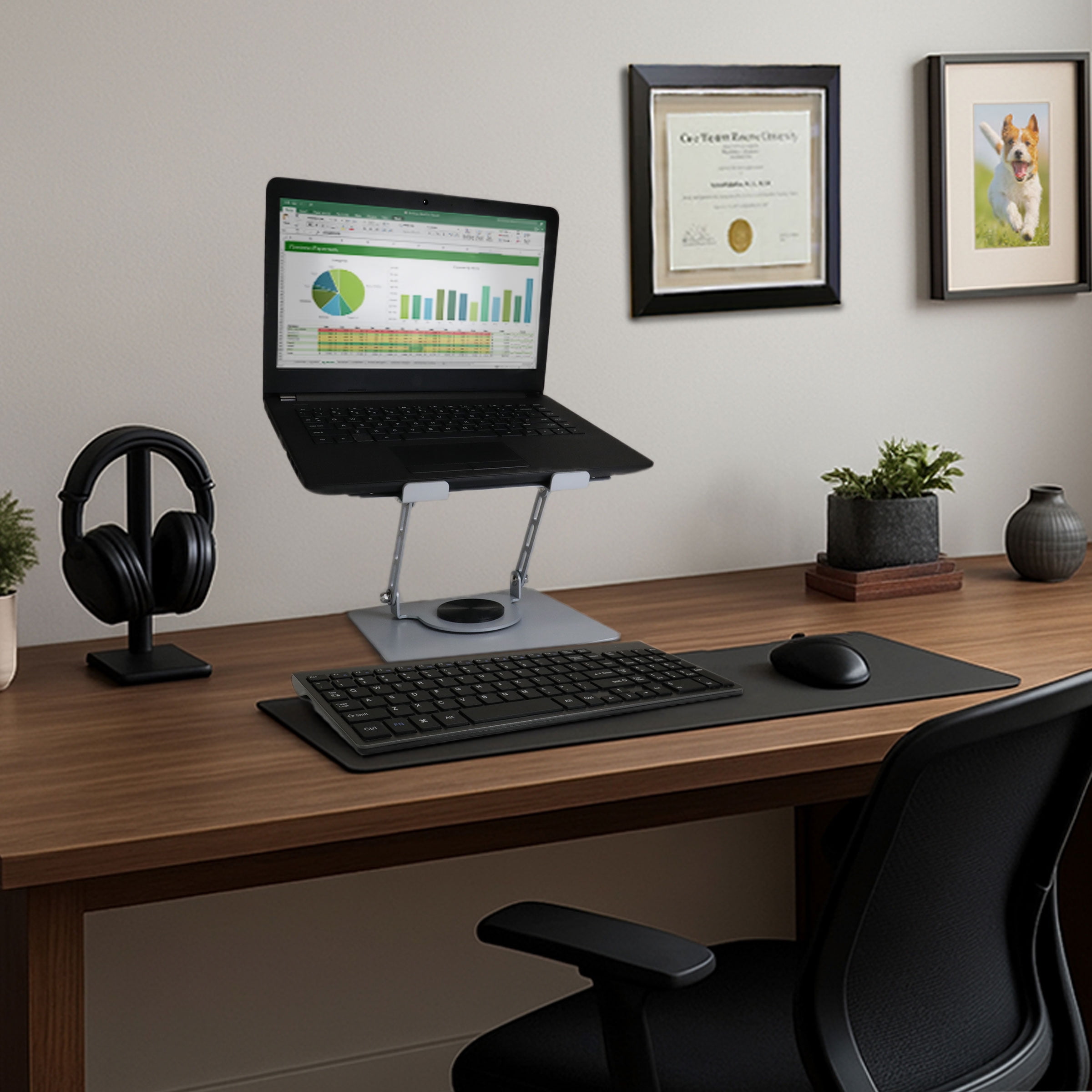 ENHANCE R1 Rotating Laptop Stand with 3 Cable Holders - Adjustable Laptop Riser for Desk - Silver
