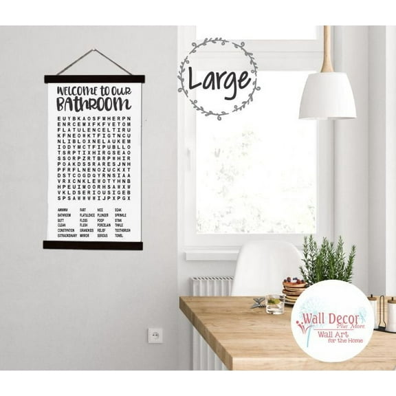Black Wood, Canvas Sign Word Search Puzzle Wall Hanging Welcome Bathroom Décor Print 15x26-Inch