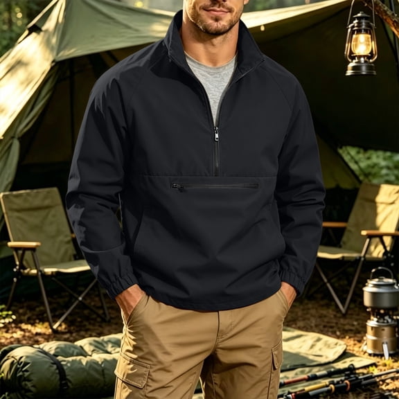 LEKWK Half Zip Pullover Windbreaker for Men Stand Collar Lightweight Jacket with Front Zipper Pocket Casual Activewear for Hiking Running Black XS