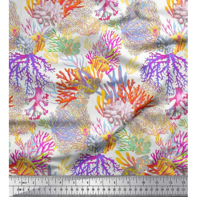Soimoi Rayon Crepe Fabric Coral Ocean Print Fabric by The Yard 46 Inch Wide