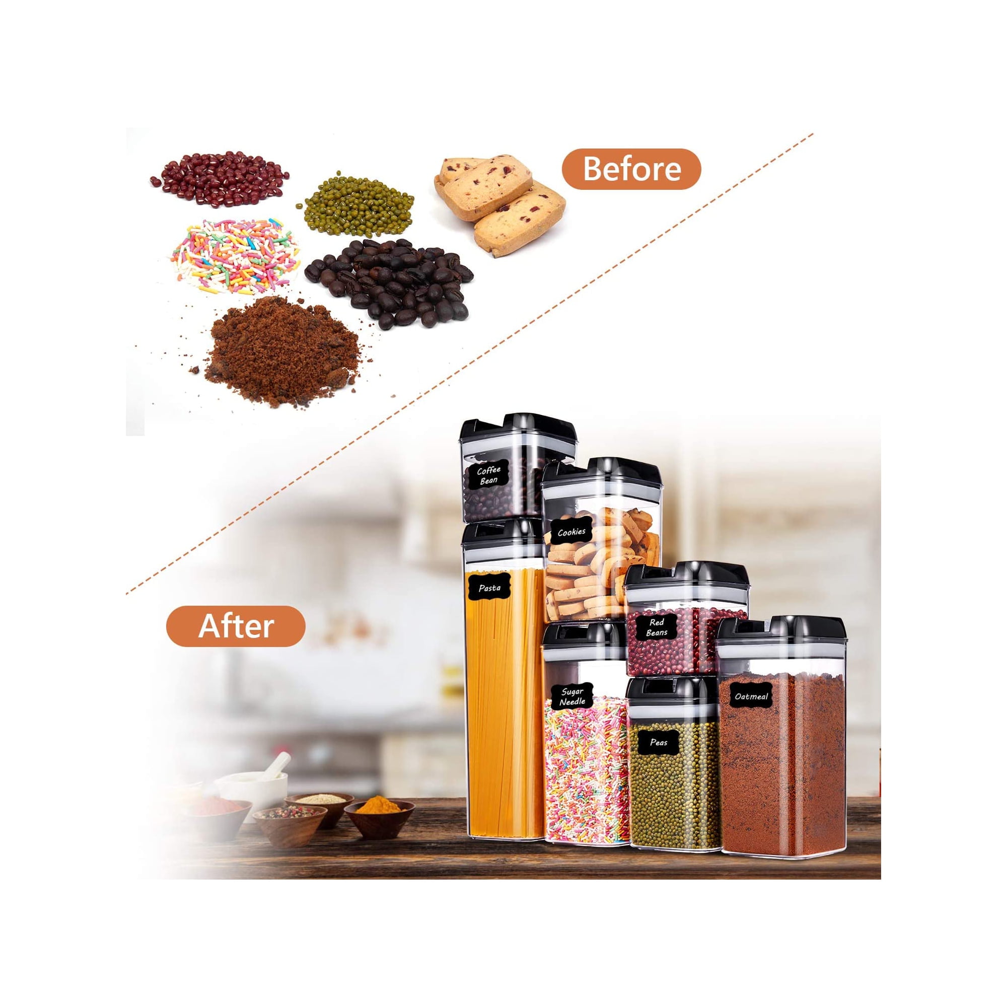 7 Pieces Airtight Food Storage Container Set Kitchen Organization Containers with 8 Labels & Chalk Marker BPA Free Clear Plastic Kitchen and Pantry Organization Containers